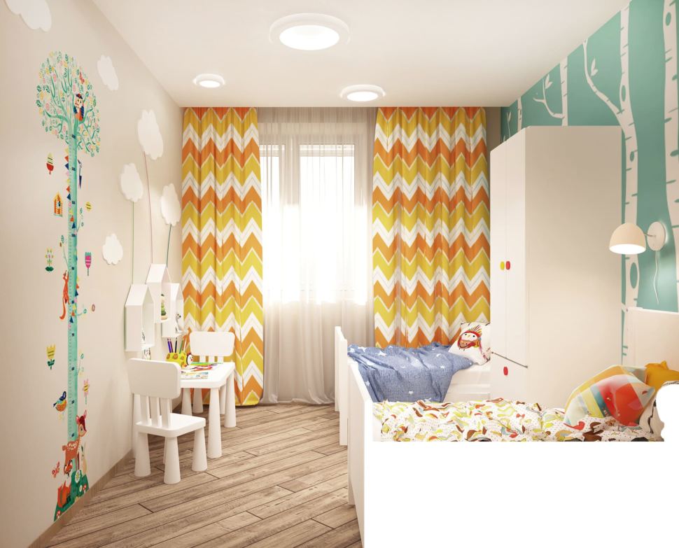 Дизайн-проект детской комнаты в теплых тонах 8 кв.м, белая кровать, шкаф, настенная лампа, белые детские стулья