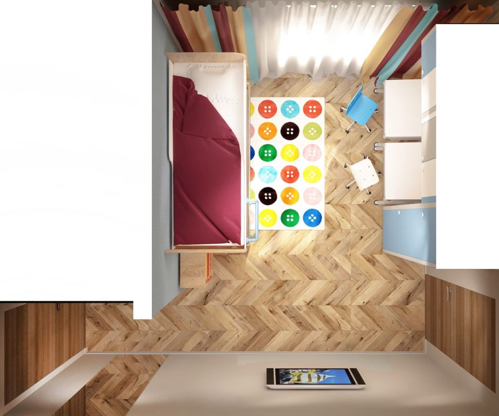 Визуализация детской комнаты в теплых тонах 15 кв.м, зеркало, телевизор, двухъярусная кровать, шкаф, рабочий стол, голубой стул