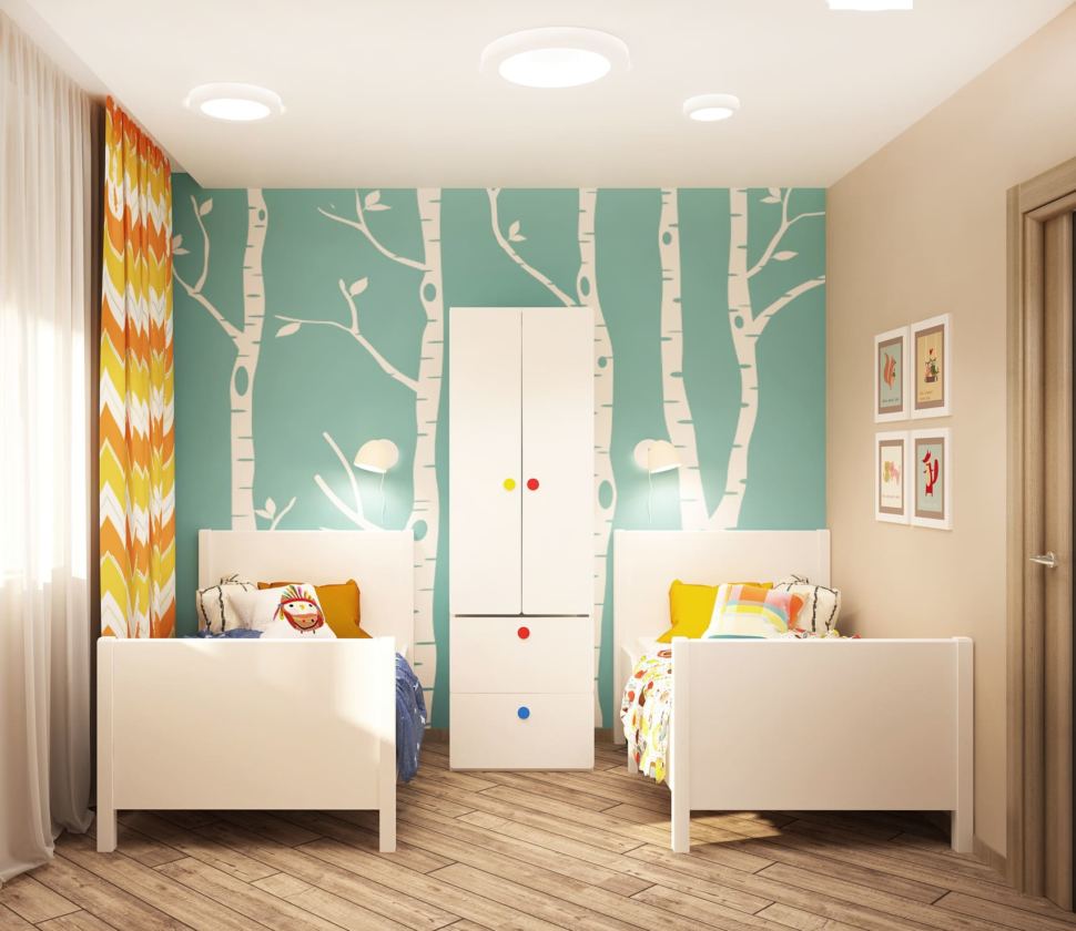 Дизайн интерьера детской комнаты в теплых тонах 8 кв.м, кровати, белый шкаф, фотообои, настенные светильники, бежевый ламинат