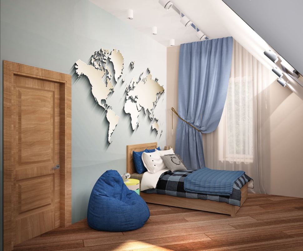 Визуализация детской для мальчика 20 кв.м с голубыми оттенками, голубое кресло, кровать, голубые портьеры, фотопанно