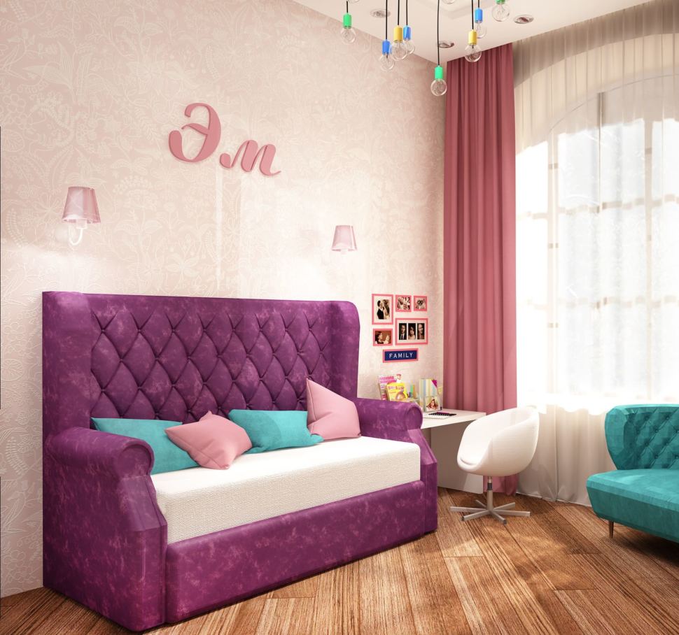 Дизайн-проект детской комнаты для девочки 13 кв.м с нежными бежевыми оттенками в сочетании с бирюзовыми акцентами, розовый диван, белый стул