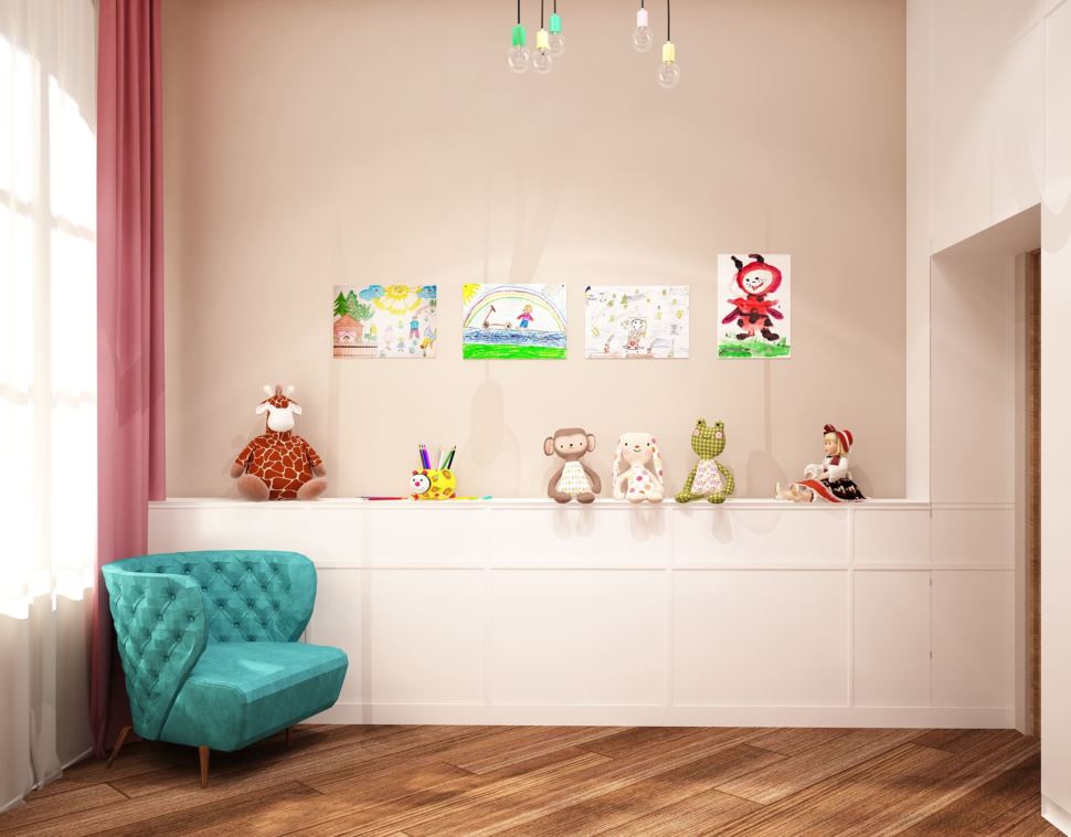 Визуализация детской комнаты для девочки 13 кв.м с нежными бежевыми оттенками в сочетании с розовыми акцентами, розовый диван, белый шкаф