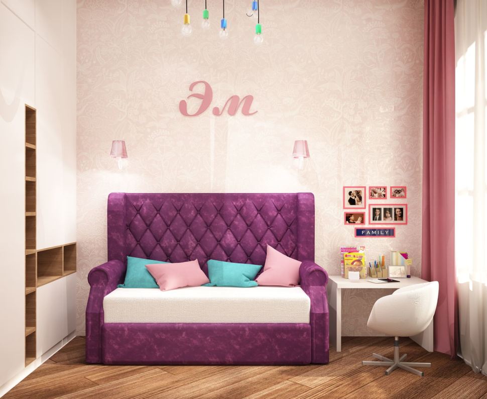 Дизайн интерьера детской комнаты для девочки 13 кв.м с нежными бежевыми оттенками в сочетании с бирюзовыми акцентами, розовый диван, белая тумба