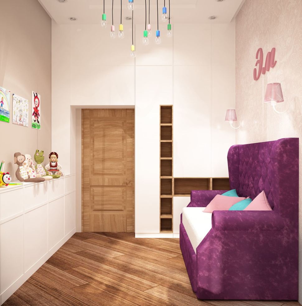 Дизайн-проект детской комнаты для девочки 13 кв.м с нежными бежевыми оттенками в сочетании с ягодными акцентами, розовый диван, бирюзовое кресло
