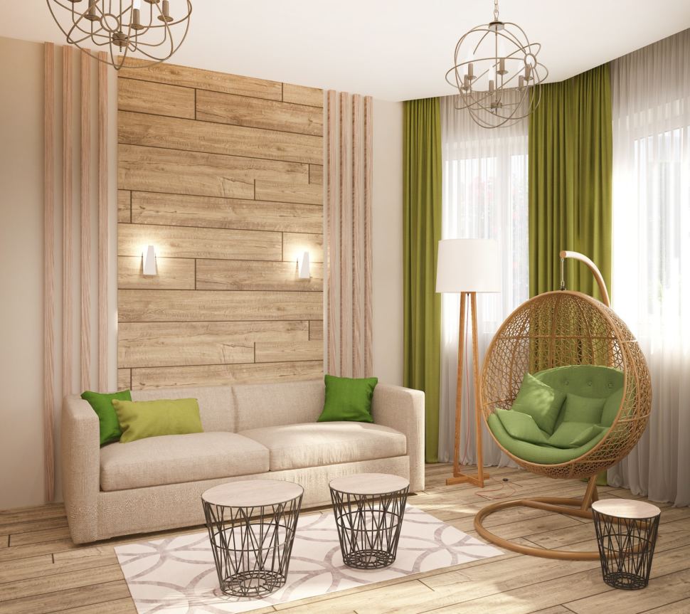 Дизайн гостевой 15 кв.м в теплых тонах, диван, люстра, торшер, подвесное кресло, журнальный столик, бруски