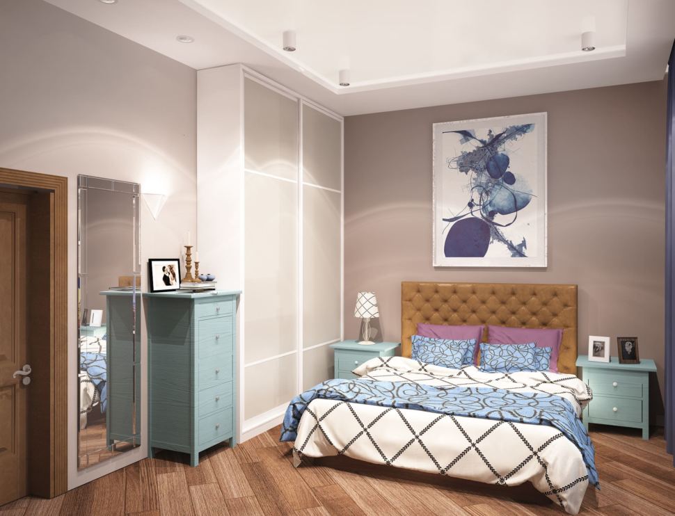 Визуализация гостевой комнаты 20 кв.м в теплых тонах, зеркало, комод, кровать, голубые прикроватные тумбочки, шкаф