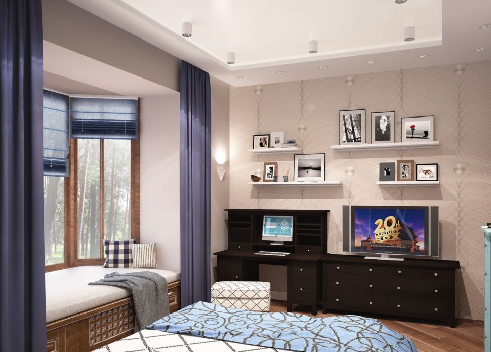 Визуализация гостевой комнаты 20 кв.м, телевизор, полки, пуф, кровать, синие портьеры