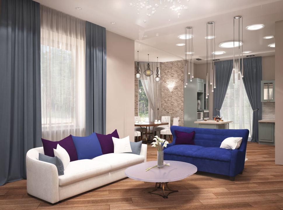 Дизайн гостиной 27 кв.м с бирюзовыми акцентами, диван, журнальный столик, синее кресло, люстра