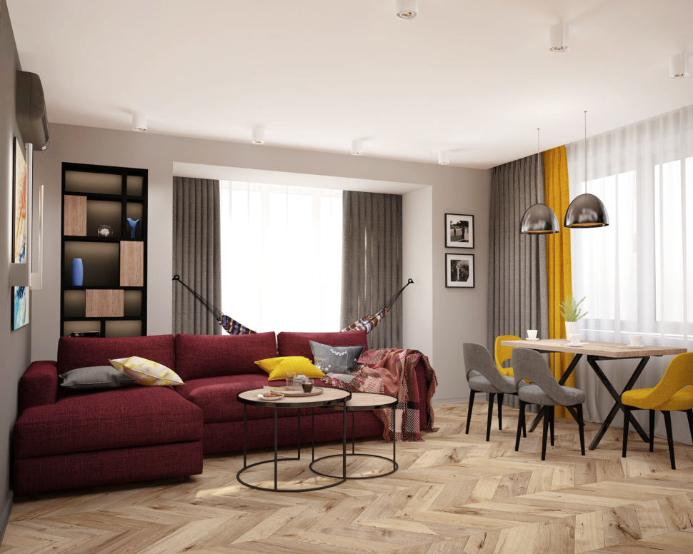 Визуализация гостиной 21 кв.м в современном стиле с серыми и белыми оттенками, красный диван, телевизор, журнальный столик, обеденный стол