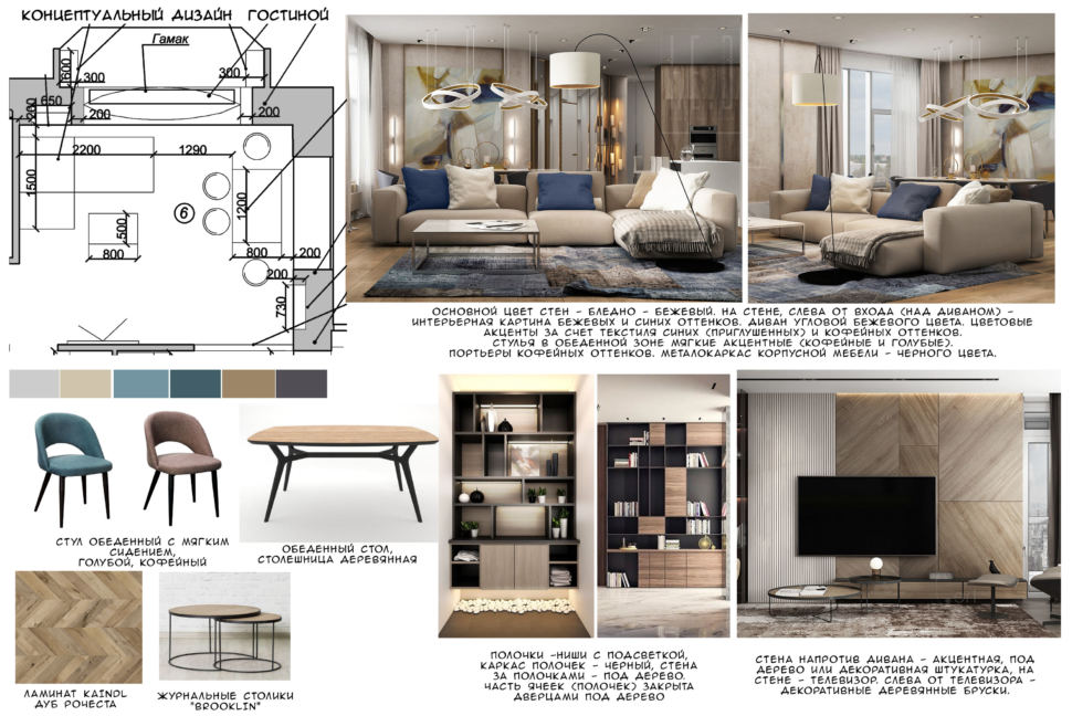 Концептуальный дизайн гостиной 21 кв.м, обеденные стулья, ламинат, журнальный столик, обеденный стол, телевизор, бежевый угловой диван