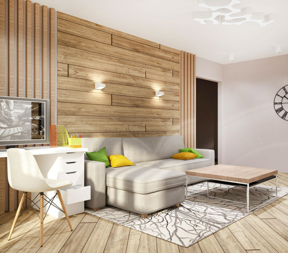 Визуализация гостиной в теплых тонах 20 кв.м, серый угловой диван, белый рабочий стол, белый стул, журнальный столик