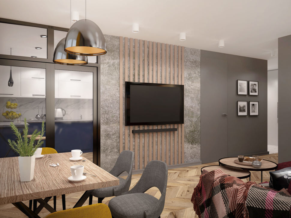 Дизайн-проект гостиной 21 кв.м в современном стиле с черными оттенками, красный диван, телевизор, журнальный столик, обеденный стол