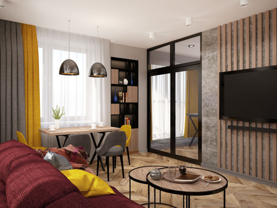 Визуализация гостиной 21 кв.м в современном стиле со бордовыми оттенками, красный диван, телевизор, журнальный столик, обеденный стол