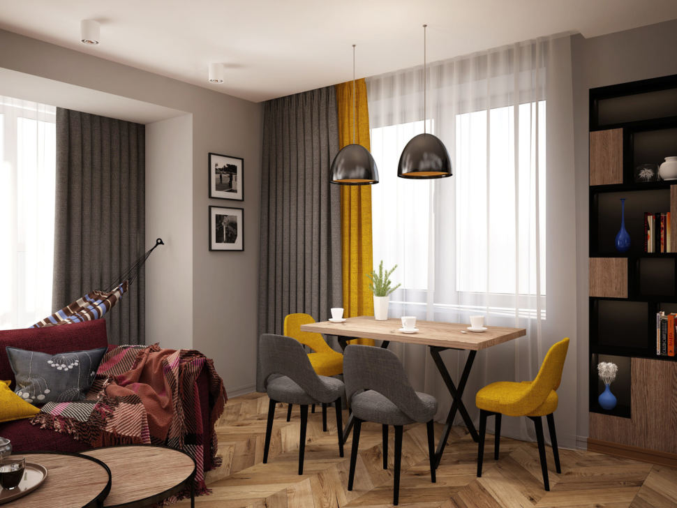 Дизайн-проект гостиной комнаты 20 кв.м в современном стиле, бежевый паркет, обеденный стол, желтые стулья