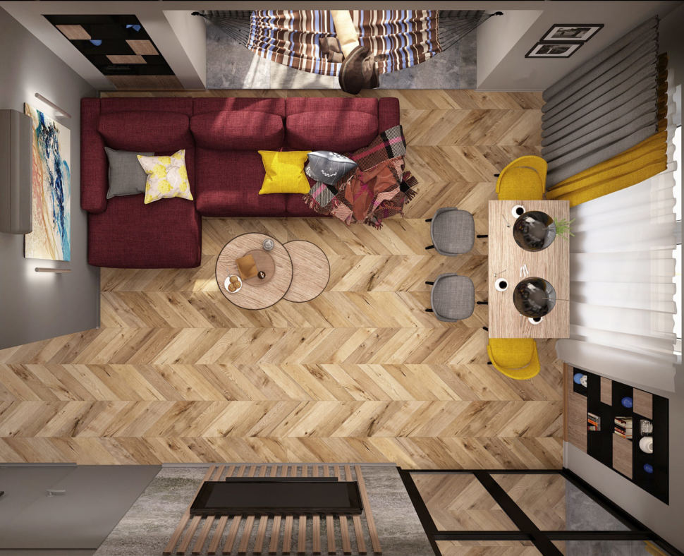 Дизайн интерьера гостиной 21 кв.м в современном стиле с кофейными оттенками, красный диван, телевизор, журнальный столик, гамак