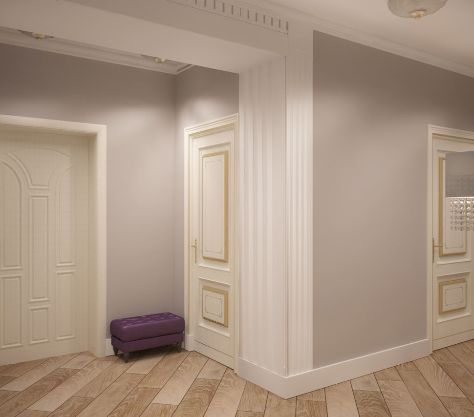 Дизайн коридора и прихожей в белых тонах 14 кв.м, фиолетовый пуф, светильники, паркет, классика