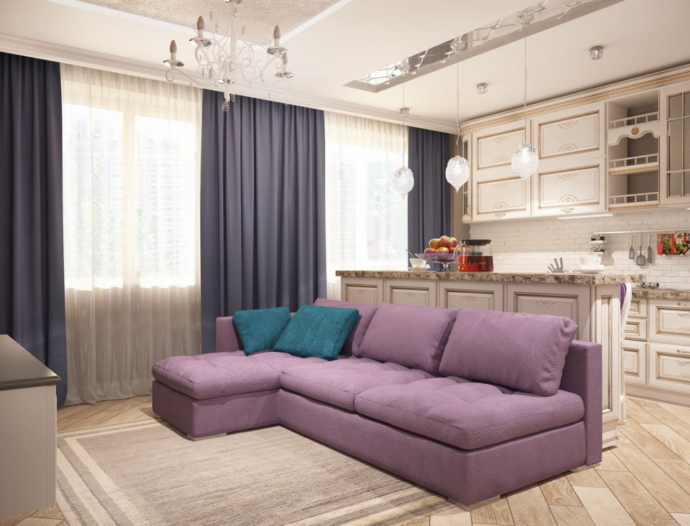 Визуализация кухни-гостиной 32 кв.м , фиолетовый диван, синие портьеры, кухонный гарнитур, барная стойка, подвесные светильники