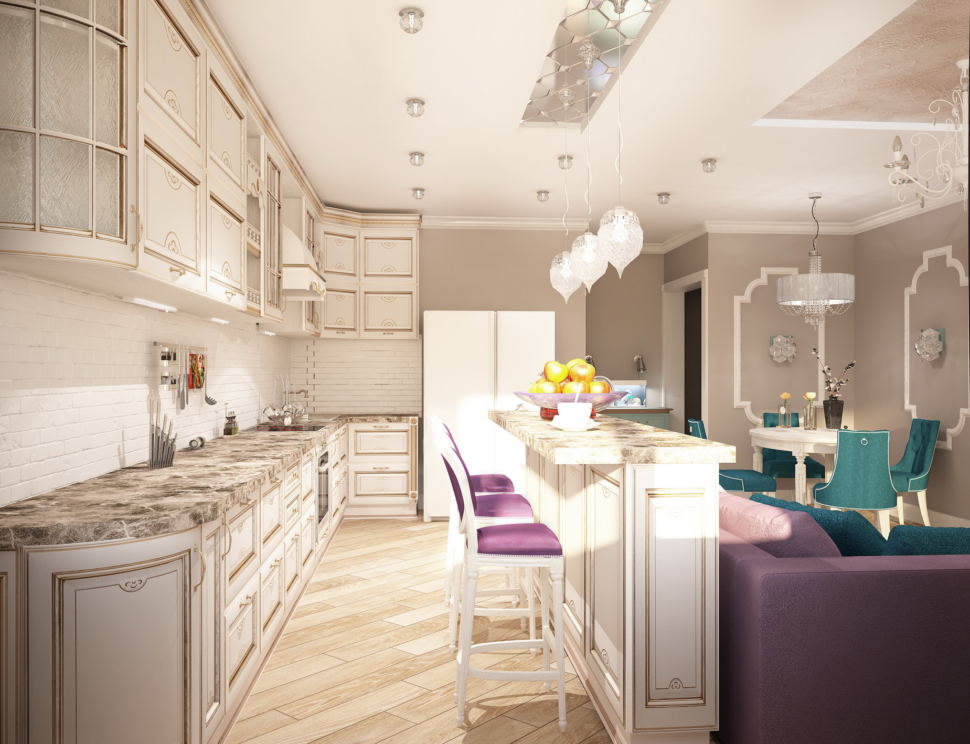 Интерьер кухни-гостиной 32 кв.м в бежевых тонах с бирюзовыми и фиолетовыми оттенками, белый кухонный гарнитур, подвесные светильники