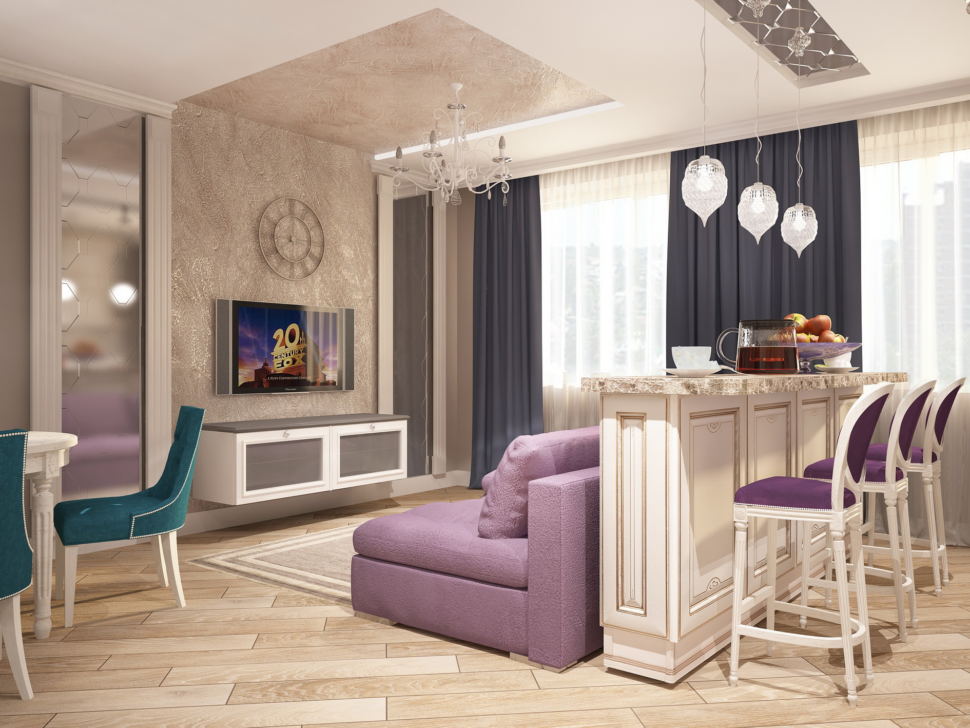 Дизайн-проект кухни-гостиной 32 кв.м в бежевых тонах, фиолетовый диван, белая тумба под ТВ, барная стойка