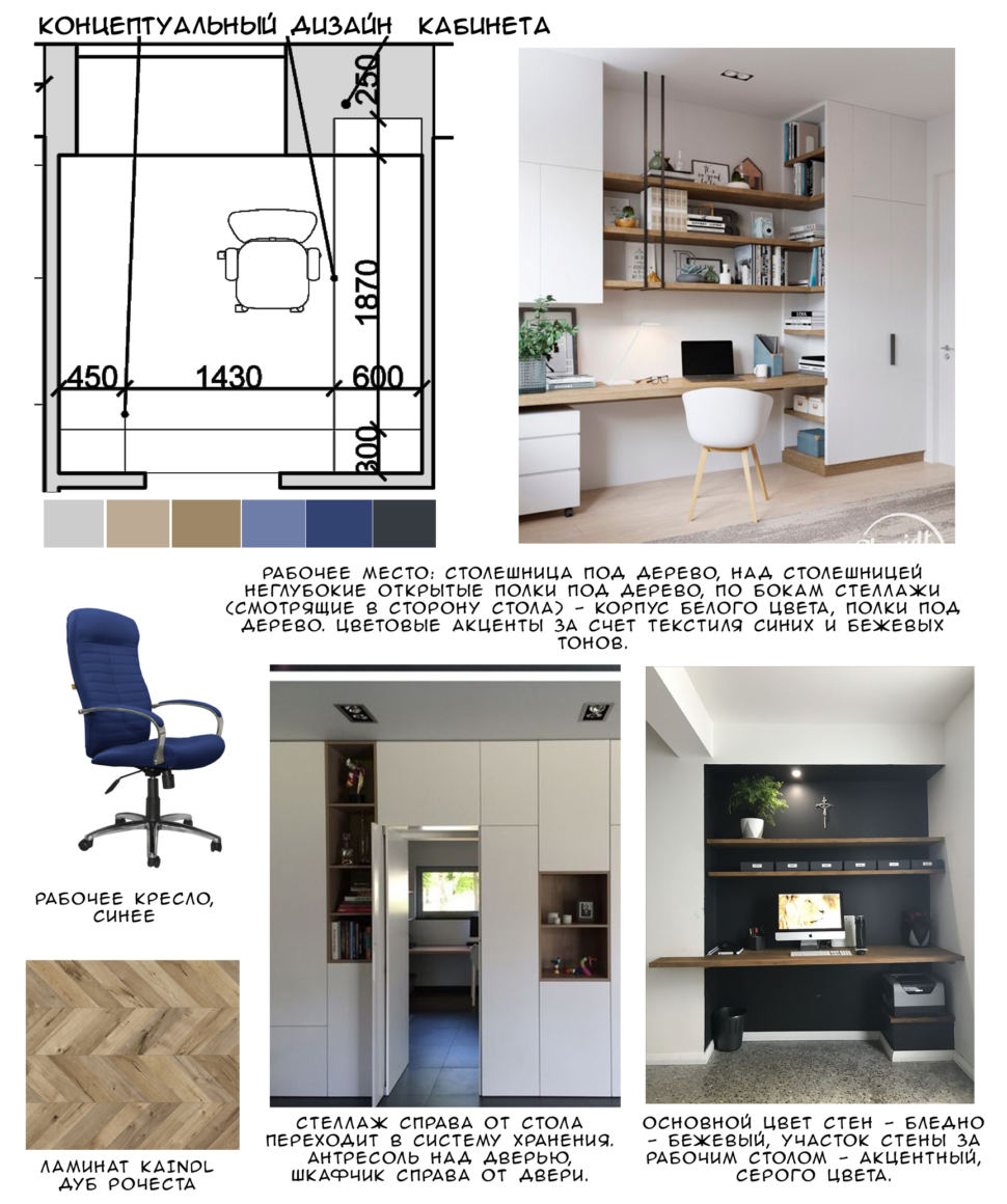 Концептуальный дизайн кабинета 14 кв.м, ламинат, синее рабочее кресло, стеллаж, рабочий стол