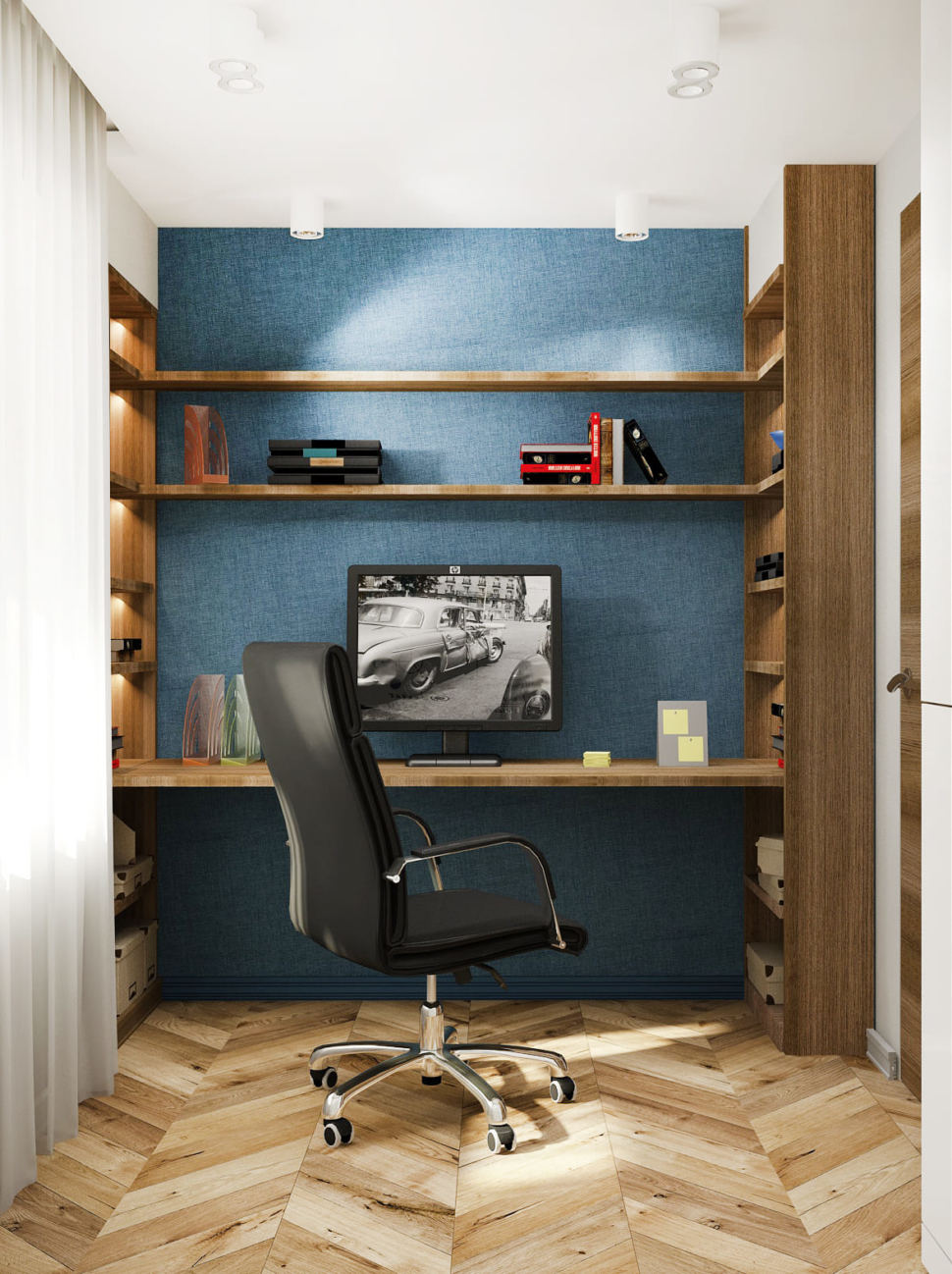Дизайн проект кабинета в теплых тонах 14 кв.м, черный офисный стул, рабочий стол, стеллаж, обои