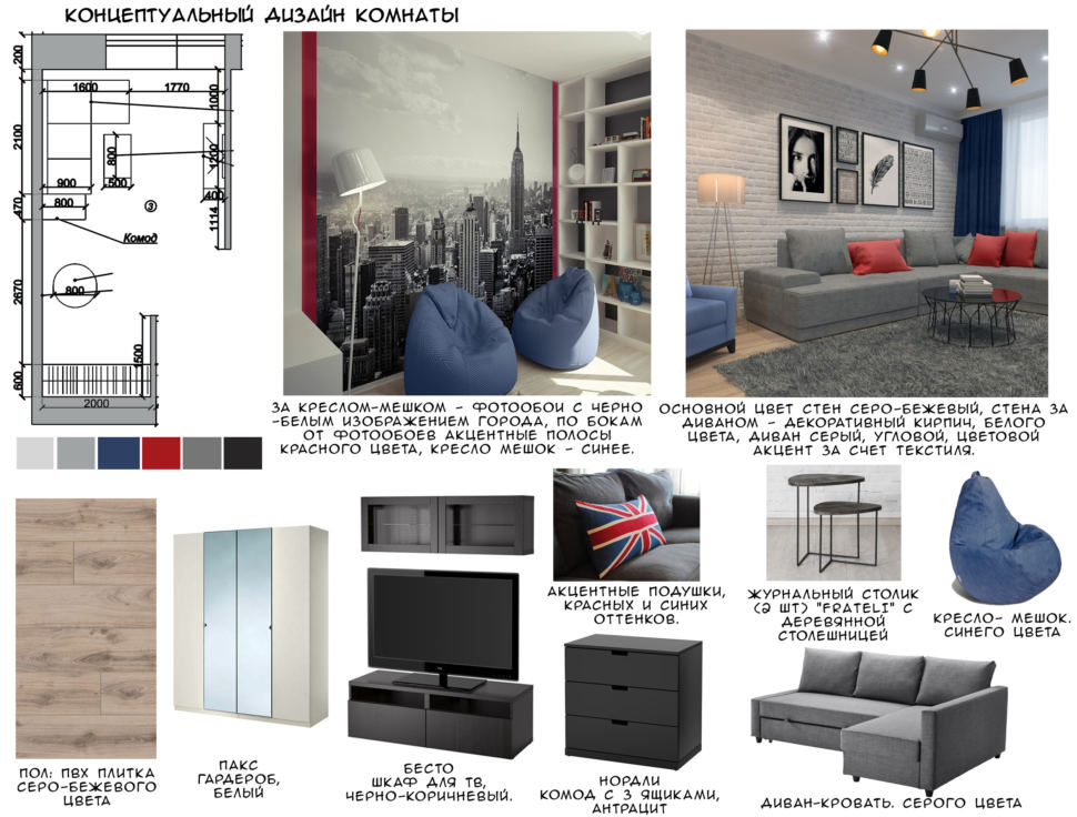 Концептуальный дизайн комнаты, белый шкаф, серый угловой диван, пвх плитка, черный комод, кресло-мешок