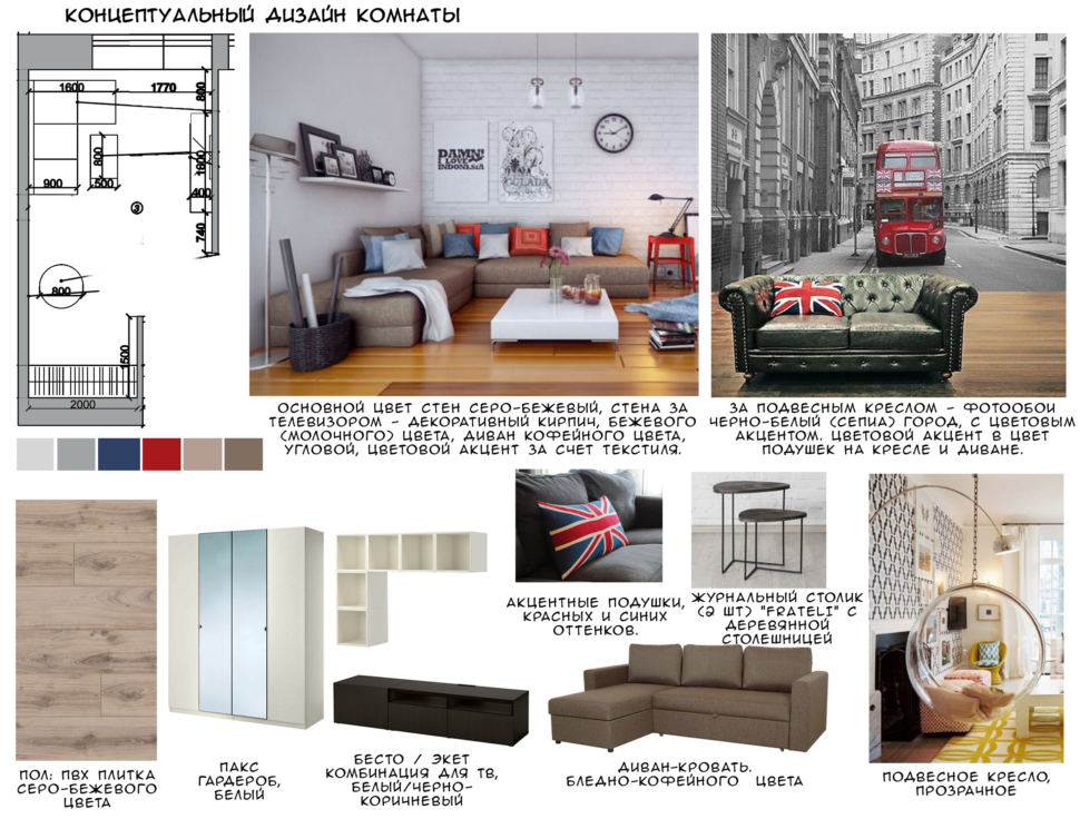 Концептуальный дизайн гостиной 18 кв.м, пвх плитка, белый гардероб, диван-кровать, подвесное кресло, журнальный столик, фотообои
