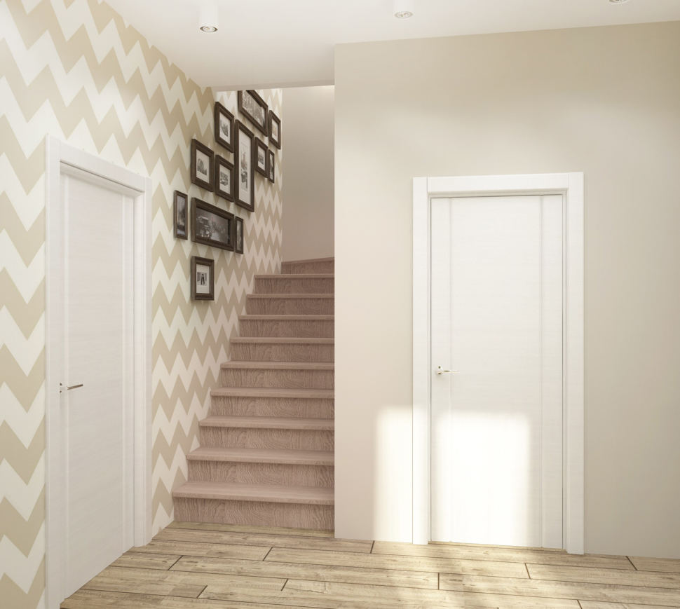 Визуализация коридора 8 кв.м в теплых тонах, лестница, картины, обои межкомнатные двери