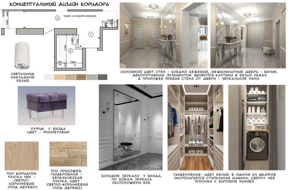 Концептуальный дизайн коридора 14 кв.м, фиолетовый пуф, светло-коричневая пвх плитка, керамическая плитка, зеркало, гардеробная