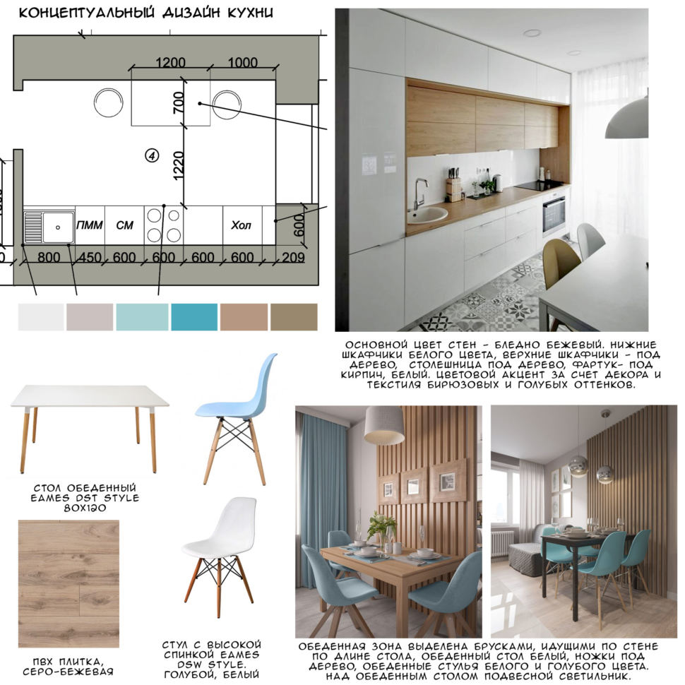 Концептуальный дизайн кухни 10 кв.м, стол обеденный, пвх плитка, стул, обеденная группа, декоративные деревянные рейки