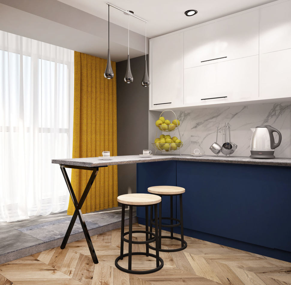 Дизайн интерьера кухни в синих тонах 15 кв.м, барная стойка, подвесные светильники, желтые портьеры, белые полки