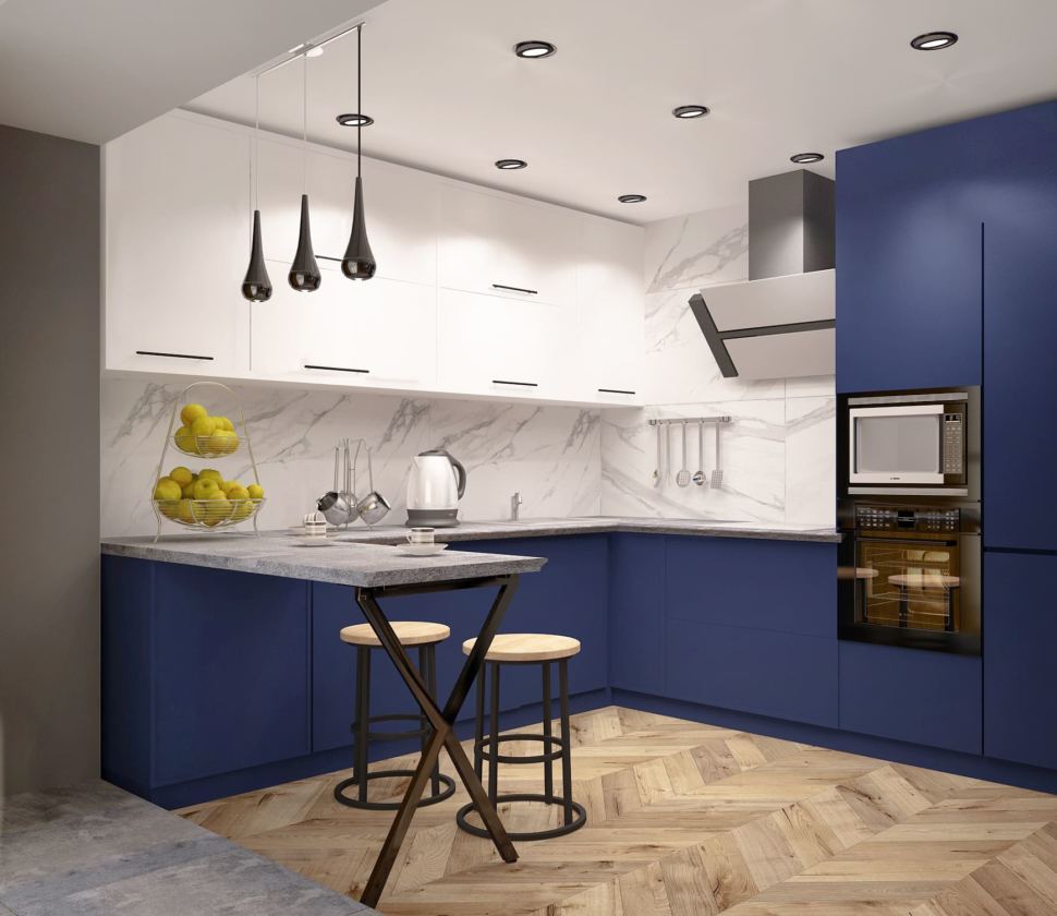 Визуализация кухни в синих тонах 15 кв.м, барная стойка, барные стулья, черные подвесные светильники, кухня