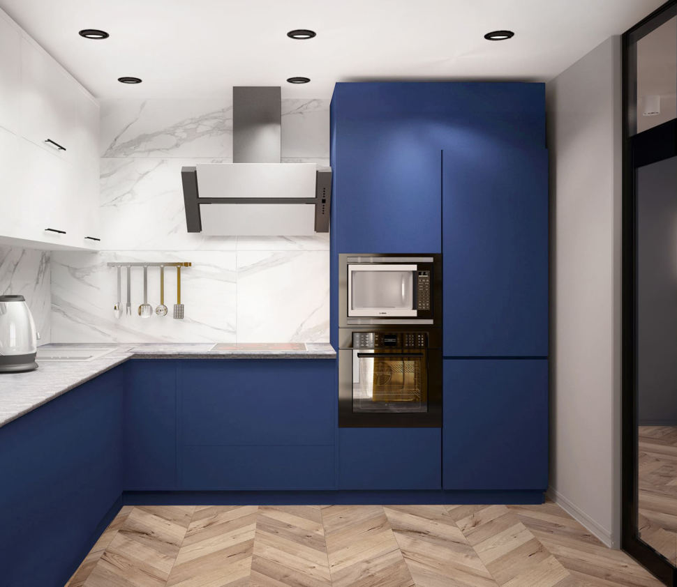 Кухня 15 кв.м в синих тонах, вытяжка,синий кухонный гарнитур,духовой шкаф, ламинат, керамический гранит, фартук, мрамор