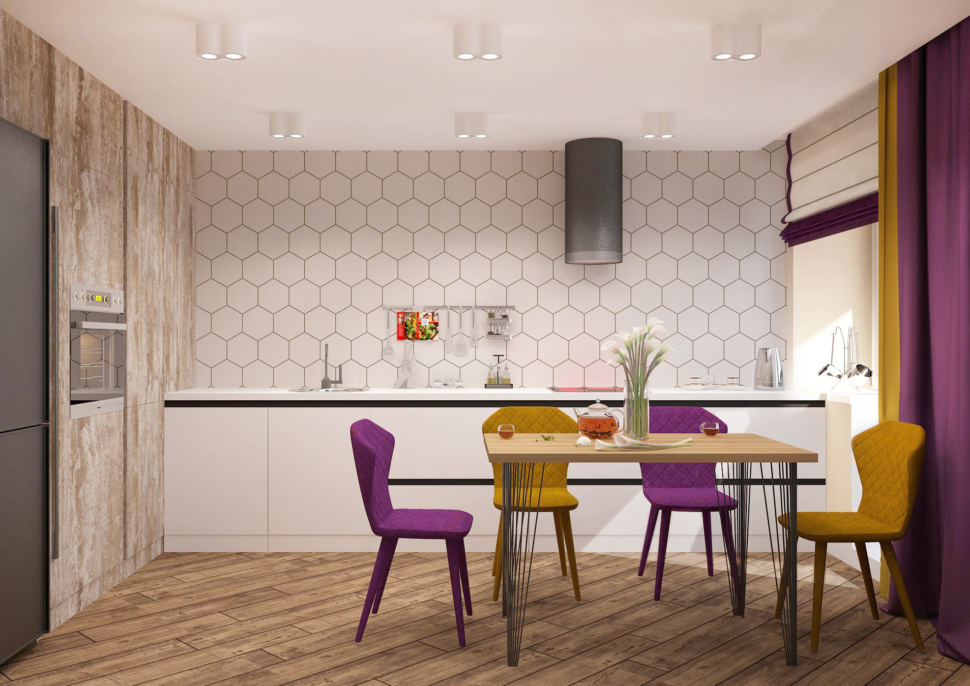 Визуализация кухни-гостиной в древесных тонах 33 кв.м, обеденный стол, обеденные стулья, белый кухонный гарнитур, серый холодильник