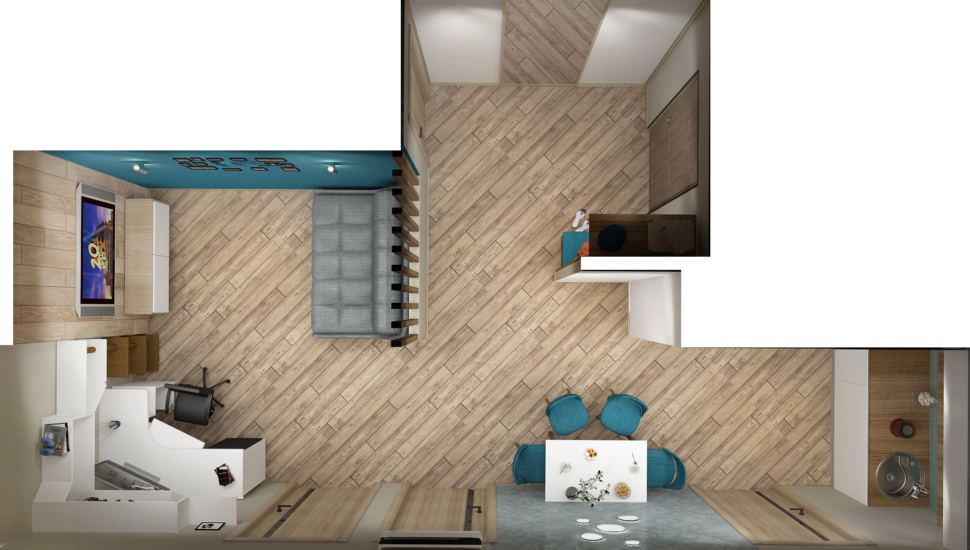 Визуализация кухни-гостиной 20 кв.м с древесными оттенками, серый диван, белая тумба под ТВ, белый рабочий стол, черное кресло