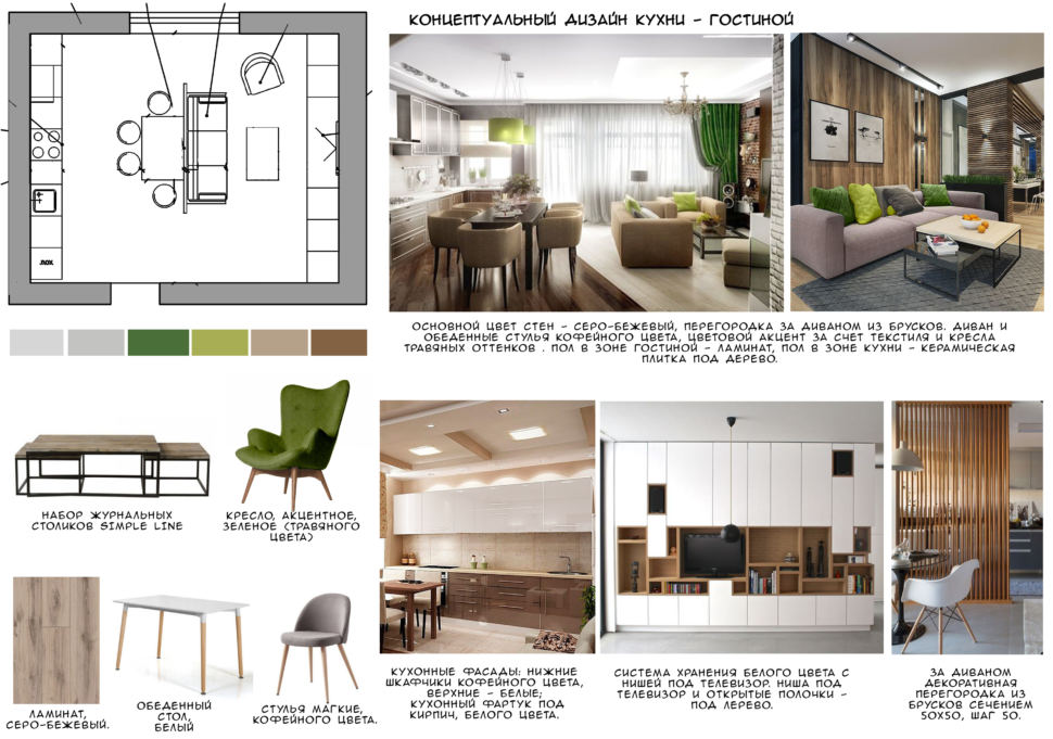 Концептуальный дизайн кухни-гостиной 28 кв.м, кресло, набор журнальных столиков, ламинат, белый обеденный стол, стулья