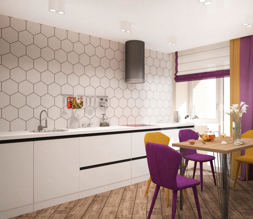 Дизайн-проект кухни-гостиной в древесных тонах 33 кв.м, желтый обеденный стул, обеденный стол, кухонный гарнитур, фиолетовые портьеры