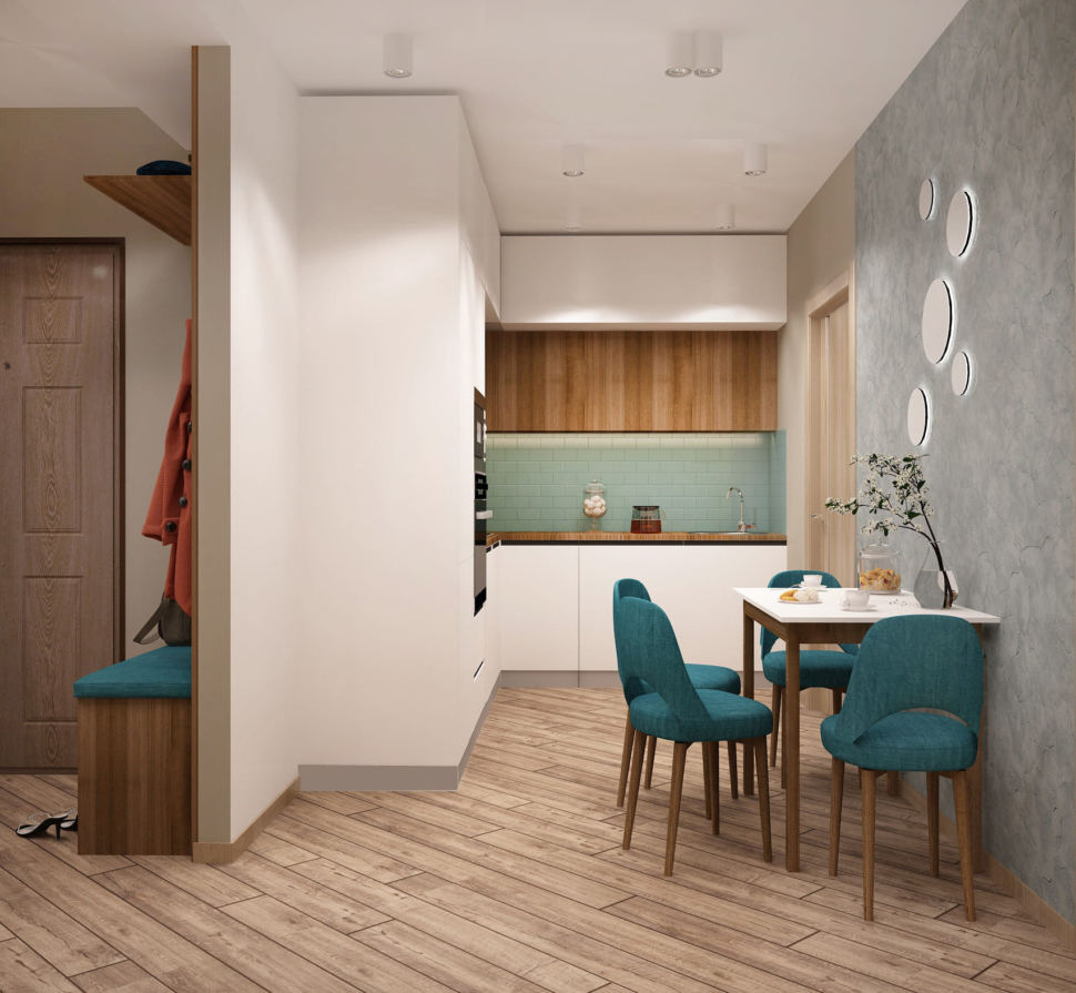 Дизайн-проект кухни-гостиной 20 кв.м с бирюзовыми оттенками, белый кухонный гарнитур, бирюзовые стулья, духовой шкаф