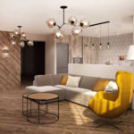 Дизайн интерьера кухни-гостиной в древесных тонах 33 кв.м, желтое кресло, журнальный столик, угловой диван, люстра