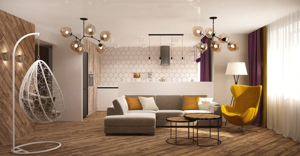 Дизайн-проект кухни-гостиной в древесных тонах 33 кв.м, белое подвесное кресло, серый угловой диван, желтое кресло, журнальный столик