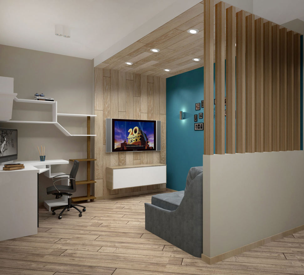 Дизайн интерьера кухни-гостиной в серых тонах 12 кв.м, белая тумба под ТВ, телевизор, серый диван