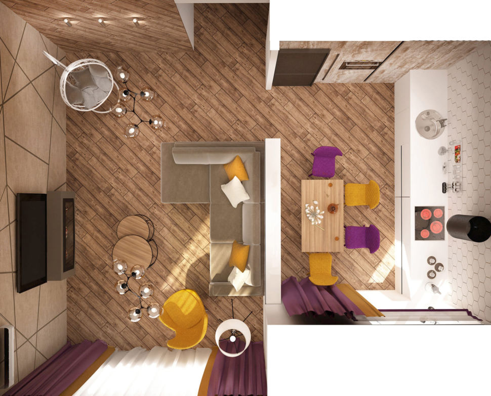Визуализация кухни-гостиной в древесных тонах 33 кв.м, серый угловой диван, белый кухонный гарнитур, белая тумба