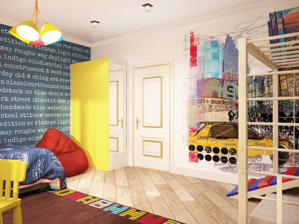 Визуализация комнаты для мальчика 19 кв.м в теплых тонах, желтый шкаф, зеркало, кровать, шведская стенка, желтый стул