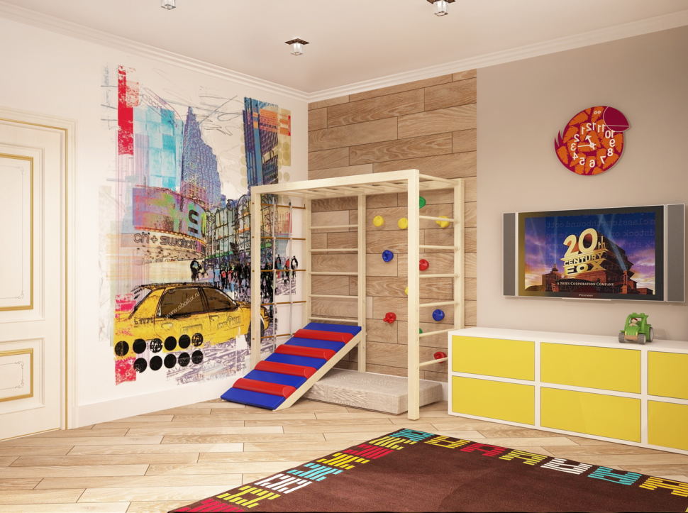 Дизайн-проект комнаты для мальчика 19 кв.м в теплых тонах, шведская стенка, фотообои, желтая тумба, телевизор