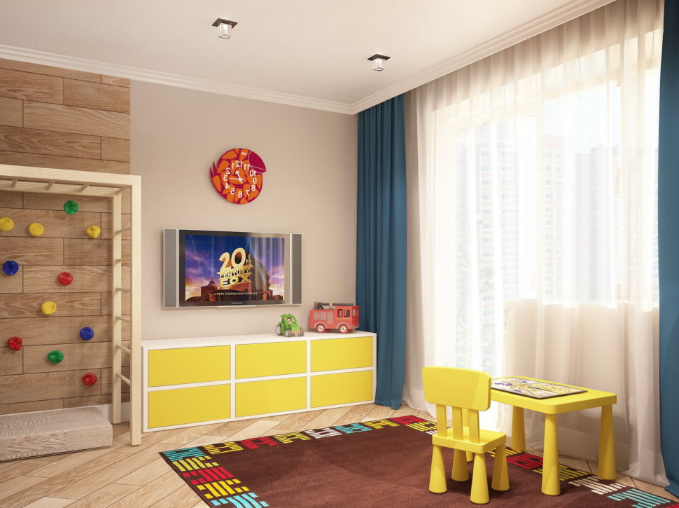 Визуализация комнаты для мальчика 19 кв.м в теплых тонах, желтый детский стол, детский стул, шведская стенка, тумба