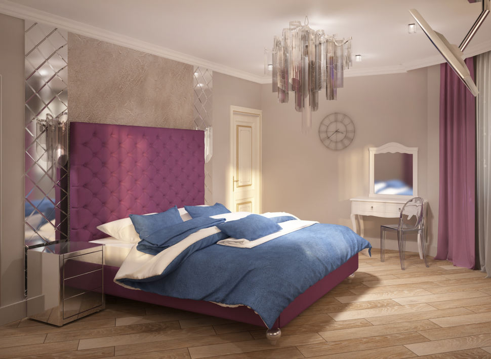 Интерьер спальни в фиолетовых тонах 28 кв.м, часы, люстра, туалетный столик, стул, кровать