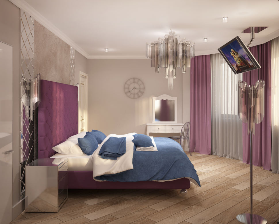 Дизайн-проект спальни в фиолетовых тонах 28 кв.м, белый туалетный столик, люстра, прикроватная тумбочка, фиолетовые портьеры, кровать