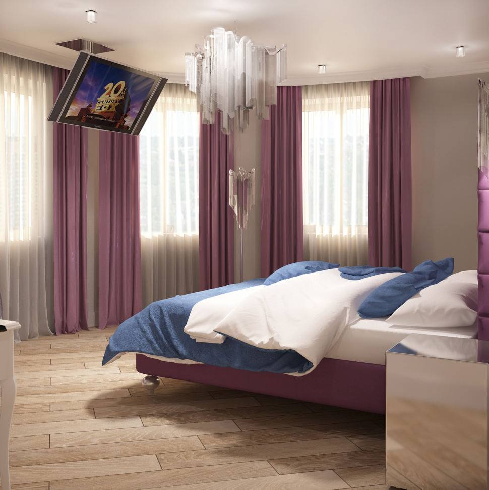 Визуализация спальни в фиолетовых тонах 28 кв.м, кровать, прикроватная тумбочка, телевизор, люстра, фиолетовые портьеры
