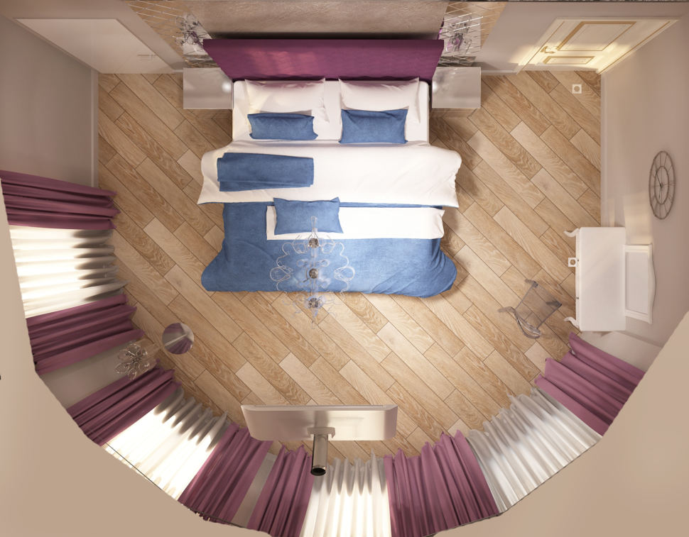 Дизайн интерьера спальни 28 кв.м, туалетный столик, фиолетовая кровать, прикроватные тумбы, телевизор, фиолетовые портьеры