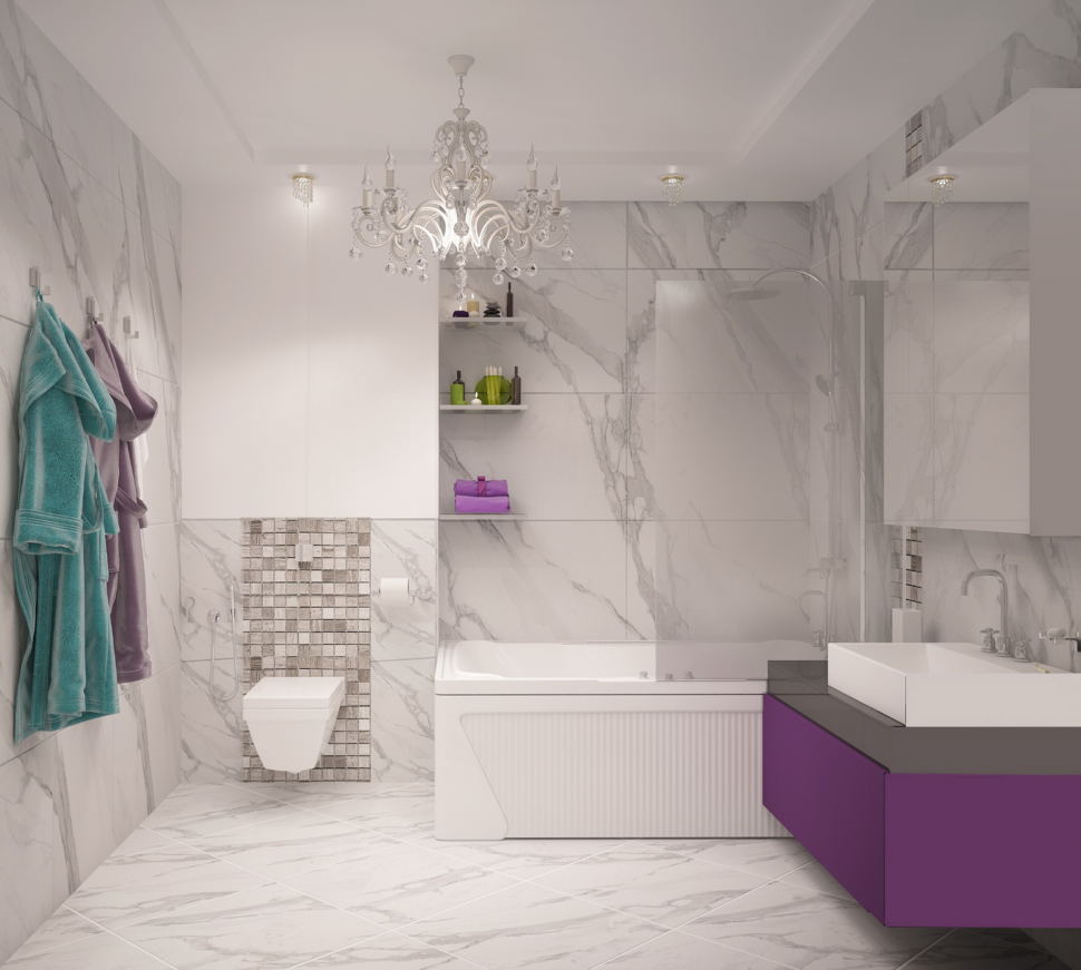 Визуализация ванной комнаты 9 кв.м, раковина, подвесная тумба, ванна, унитаз, светильники, люстра, мозаика, керамическая плитка
